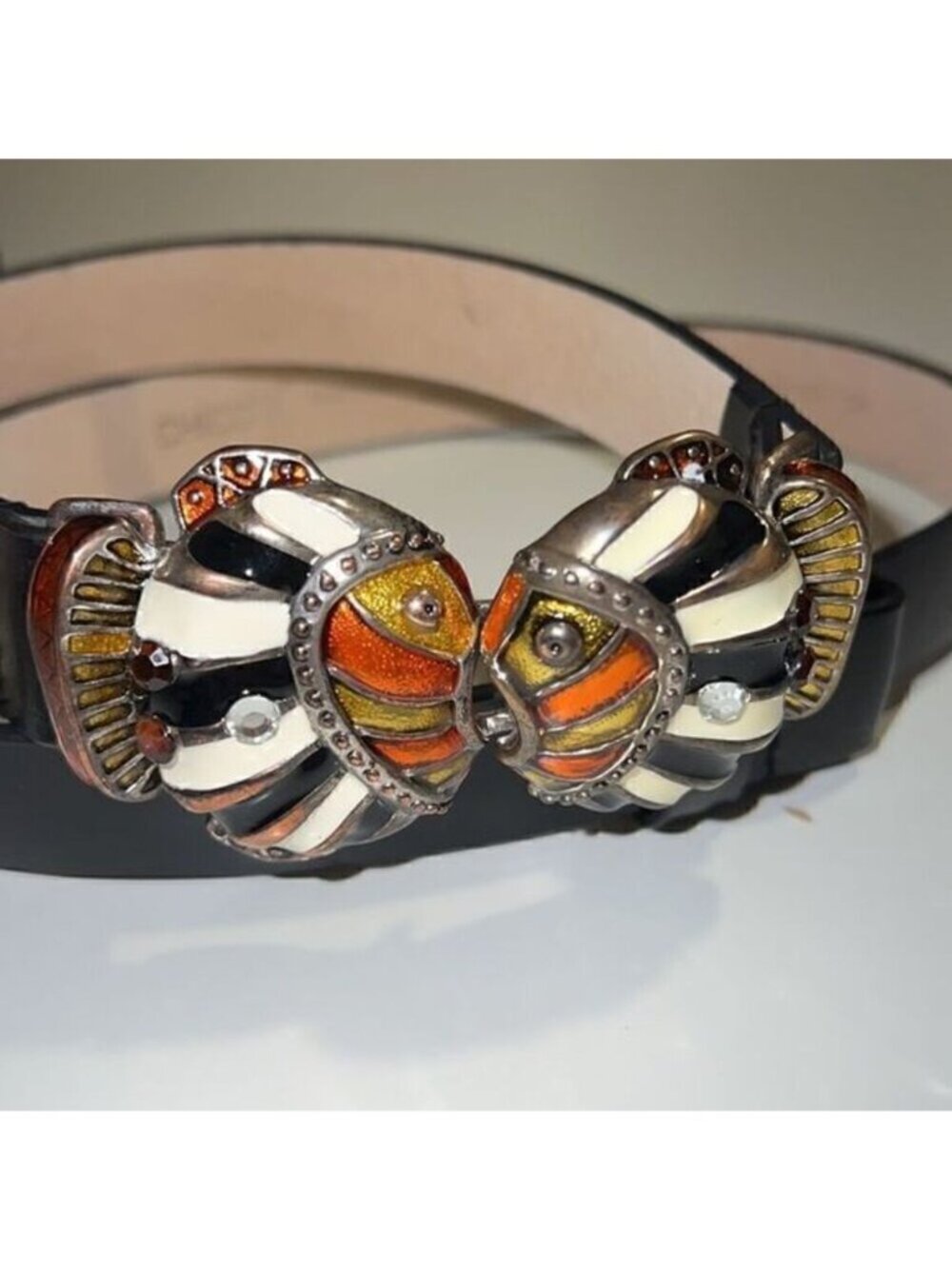 Chico’s Adjustable Leather Enameled Bling Fish Leather Belt Size S/M - Picture 2 of 10